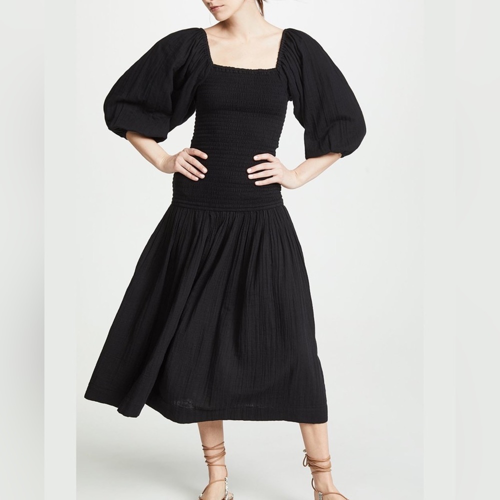 Rhode Harper Smocked Puff Sleeve Dress Black XS